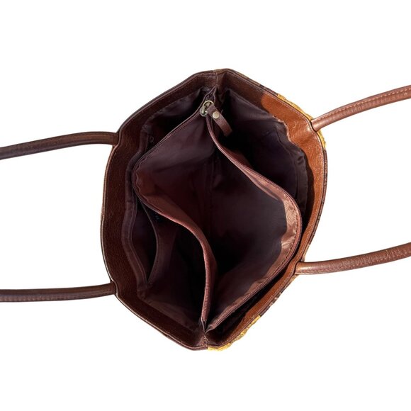 Animal Patchwork Tote Bag 14" X 9" Brown Vegan Leather By Bueno With Dual Straps - Picture 5 of 9